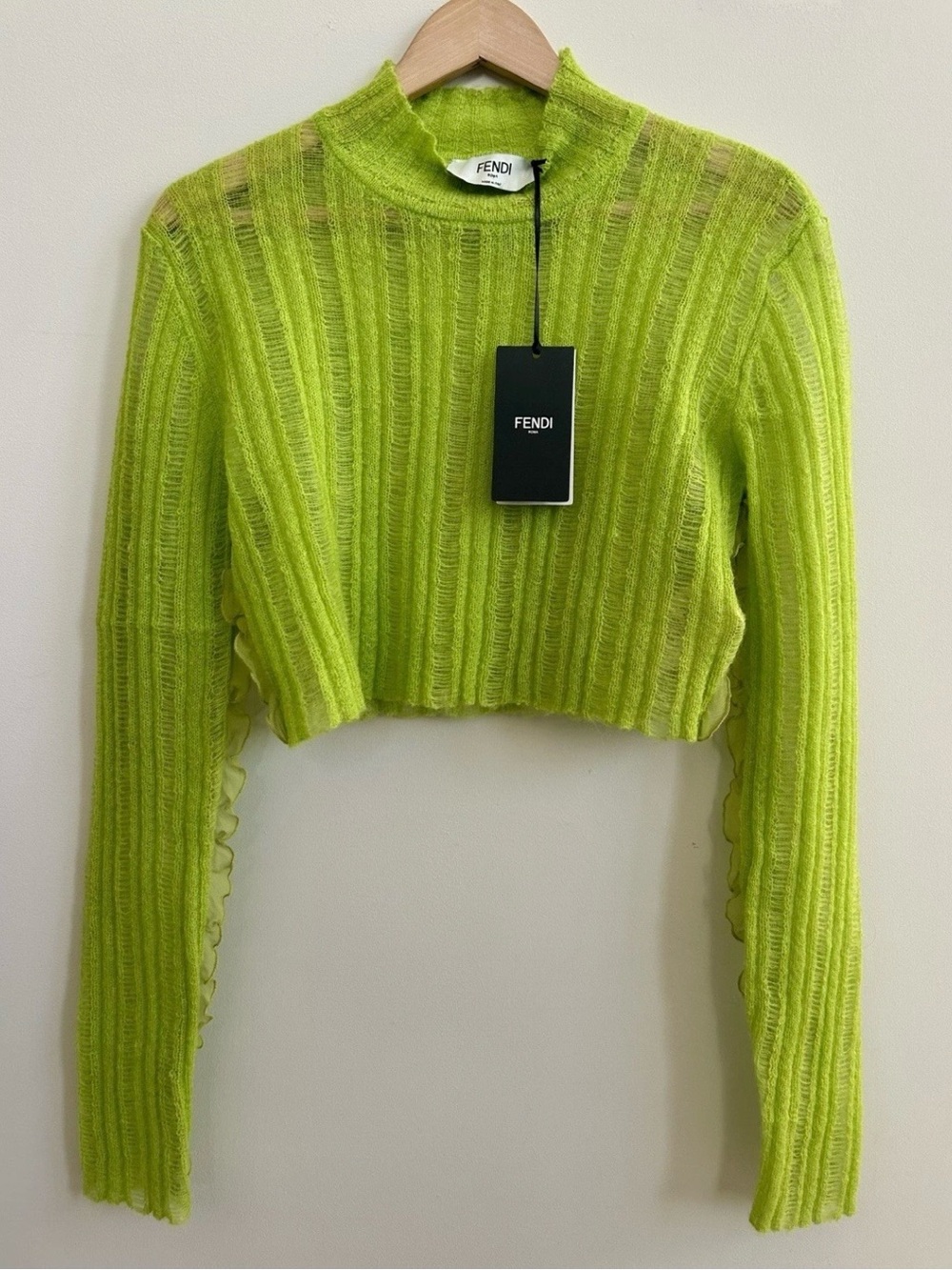 Fendi Neon Green Ribbed Turtleneck Crop Mohair Sweater IT 40 US 4